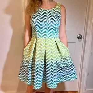 Jessica Simpson Blue/Green Abstract Stretch Scuba Fit Flare Dress with Pockets